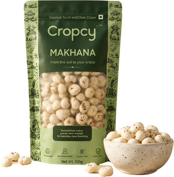 Cropcy Raw Makhana pack, with a bowl of loose fox nuts